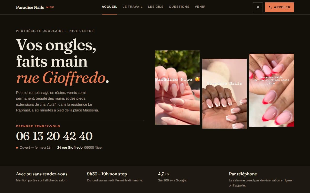 Maquette du site de Paradise Nails, institut de beauté à Nice